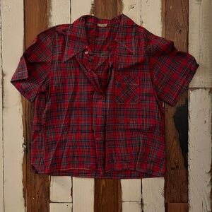 Vintage 60s 70s short sleeve plaid button up cropped blouse size small